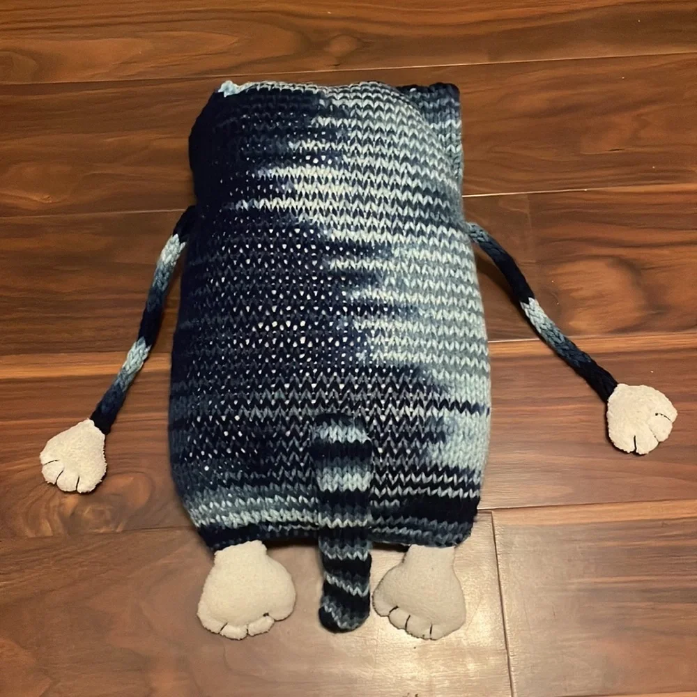 Handcrafted Blue Knit Cat Accent Pillow